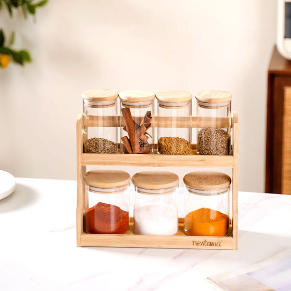 Glass Spice Jars Set of 7 With Wooden Storage Rack