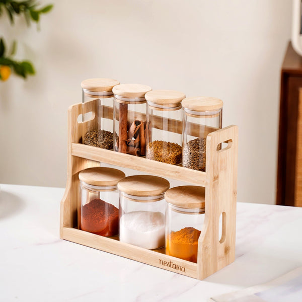 Glass Spice Jars Set of 7 With Wooden Storage Rack