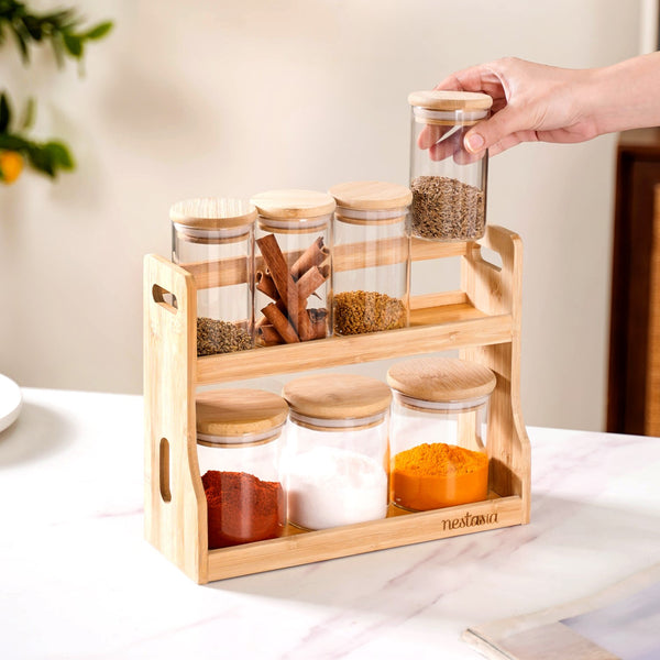 Glass Spice Jars Set of 7 With Wooden Storage Rack