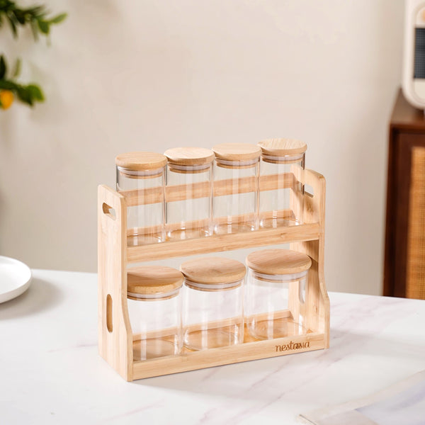 Glass Spice Jars Set of 7 With Wooden Storage Rack