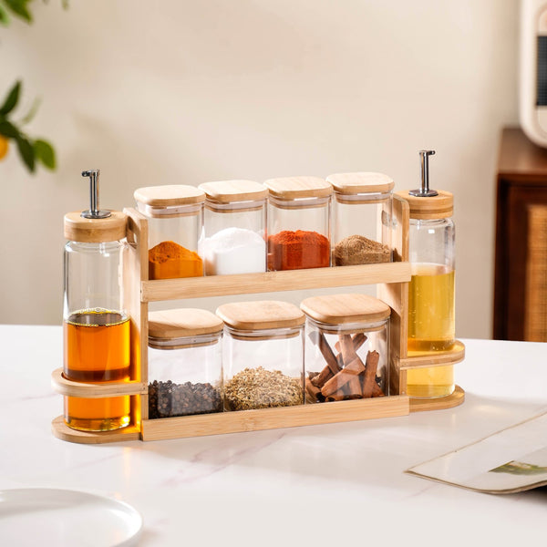 Kitchen Storage Rack With Set of 7 Spice Jars And Oil Dispensers