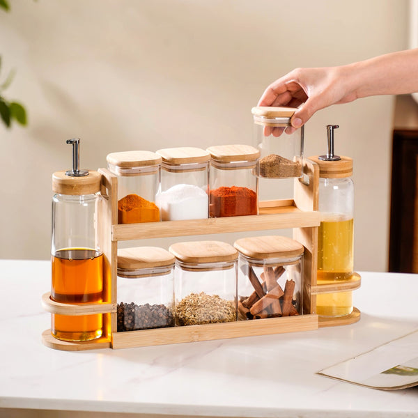 Kitchen Storage Rack With Set of 7 Spice Jars And Oil Dispensers