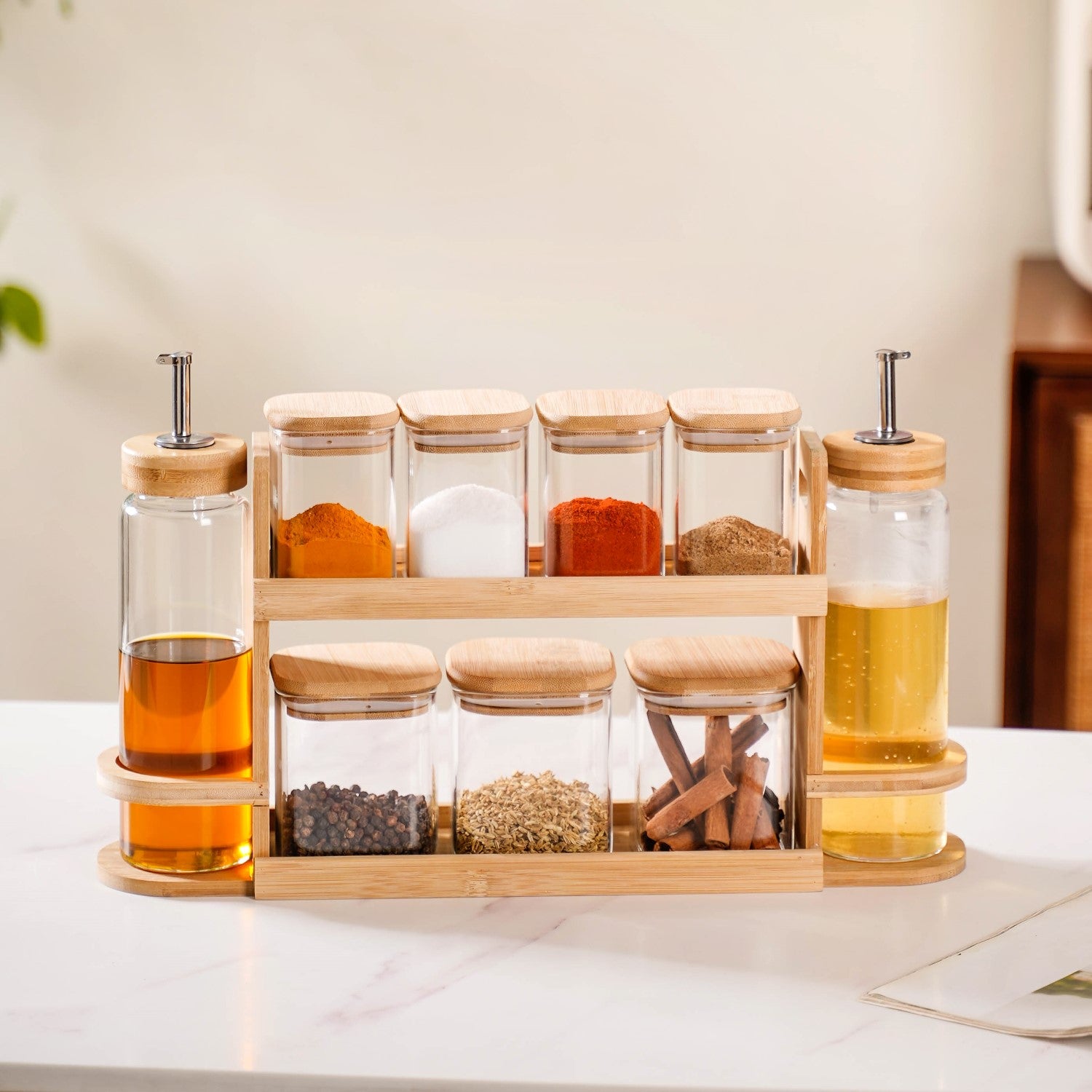 Kitchen Storage Rack With Set of Spice Jars And Oil Dispensers