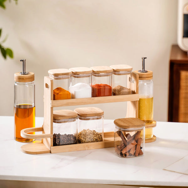 Kitchen Storage Rack With Set of 7 Spice Jars And Oil Dispensers