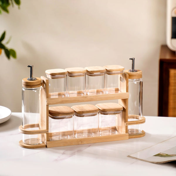 Kitchen Storage Rack With Set of 7 Spice Jars And Oil Dispensers