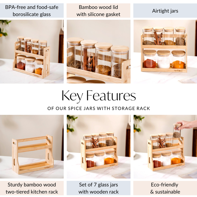 Glass Spice Jars With Wooden Storage Rack