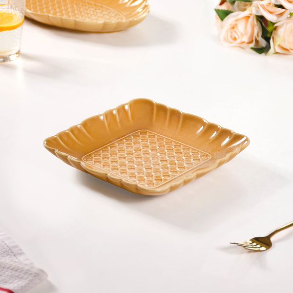Elegant Scallop Rim Square Platter Set Of 2 Yellow Ochre 8 Inch