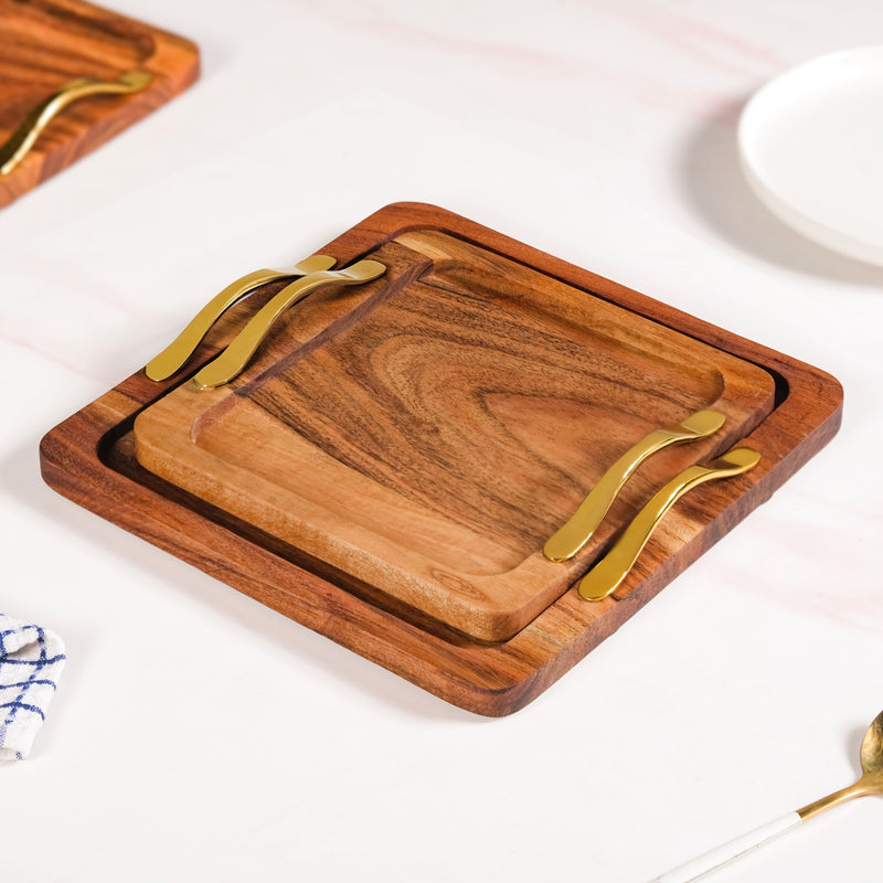 Square Wood Serving Tray With Gold Handles Set Of 2