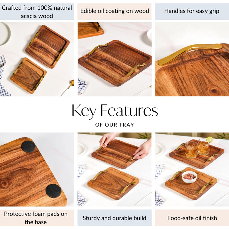 Square Wood Serving Tray With Gold Handles Set Of 2