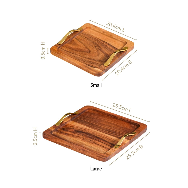 Square Wood Serving Tray With Gold Handles Set Of 2