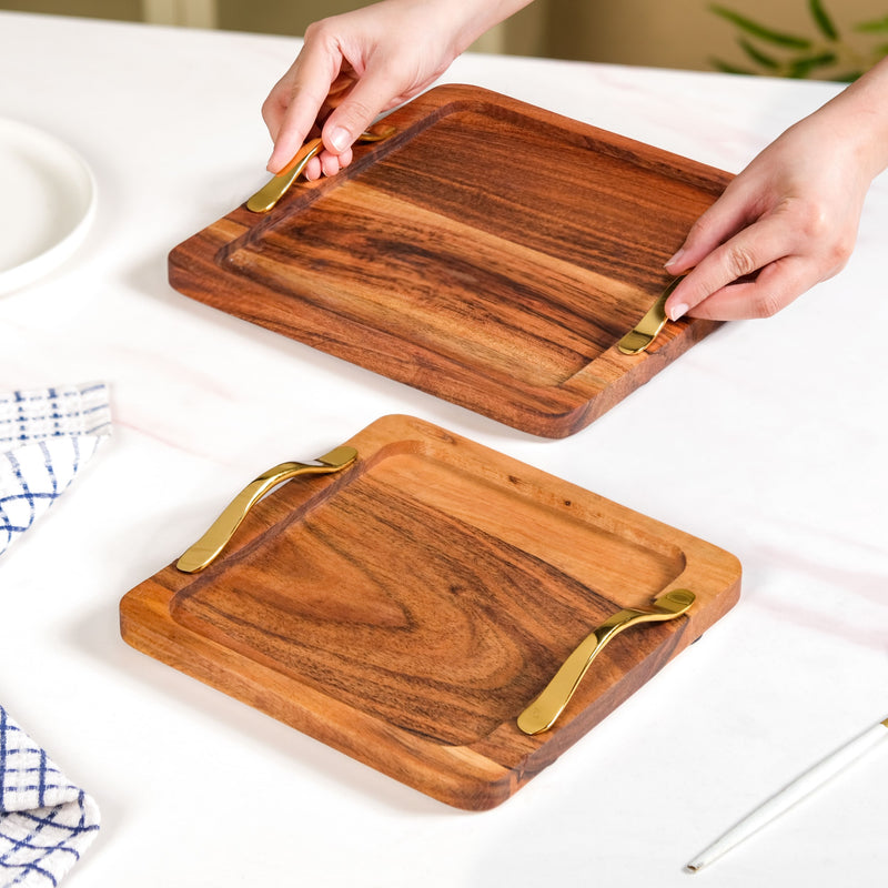 Square Wood Serving Tray With Gold Handles Set Of 2
