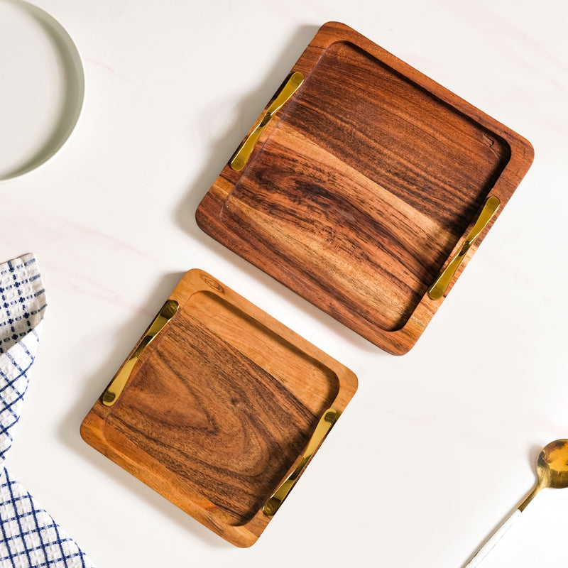 Square Wood Serving Tray With Gold Handles Set Of 2