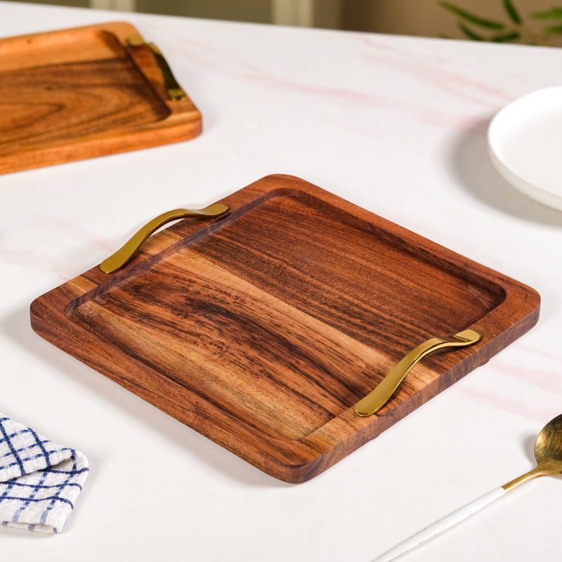 Square Wood Serving Tray With Gold Handles Set Of 2