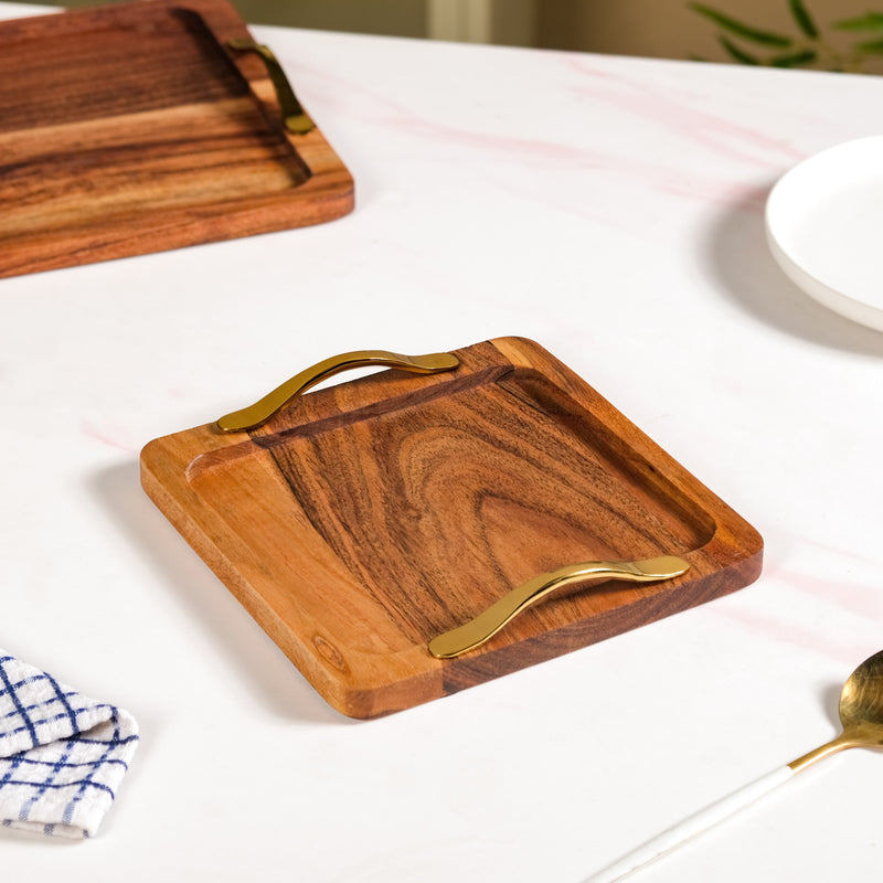 Square Wood Serving Tray With Gold Handles Set Of 2