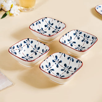 Floral Square Ceramic Bowls Set Of 4 Blue 300ml - soup bowl set, small bowls, snack bowls, soup bowls, bowl, bowls set of 2, snack bowls set