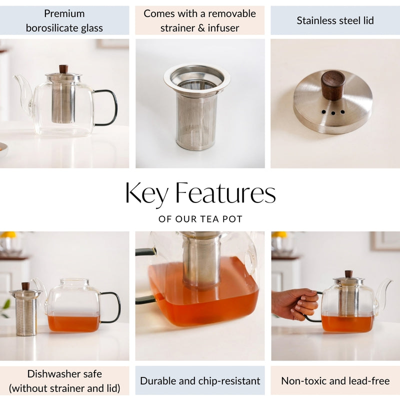 Square Glass Teapot With Black Tinted Handle 1250ml