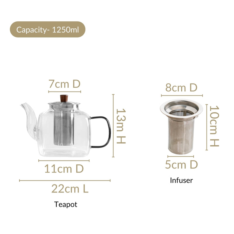 Square Glass Teapot With Black Tinted Handle 1250ml