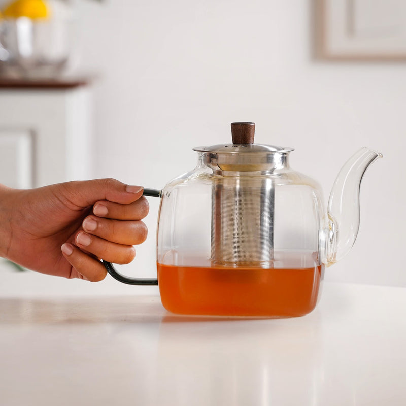 Square Glass Teapot With Black Tinted Handle 1250ml