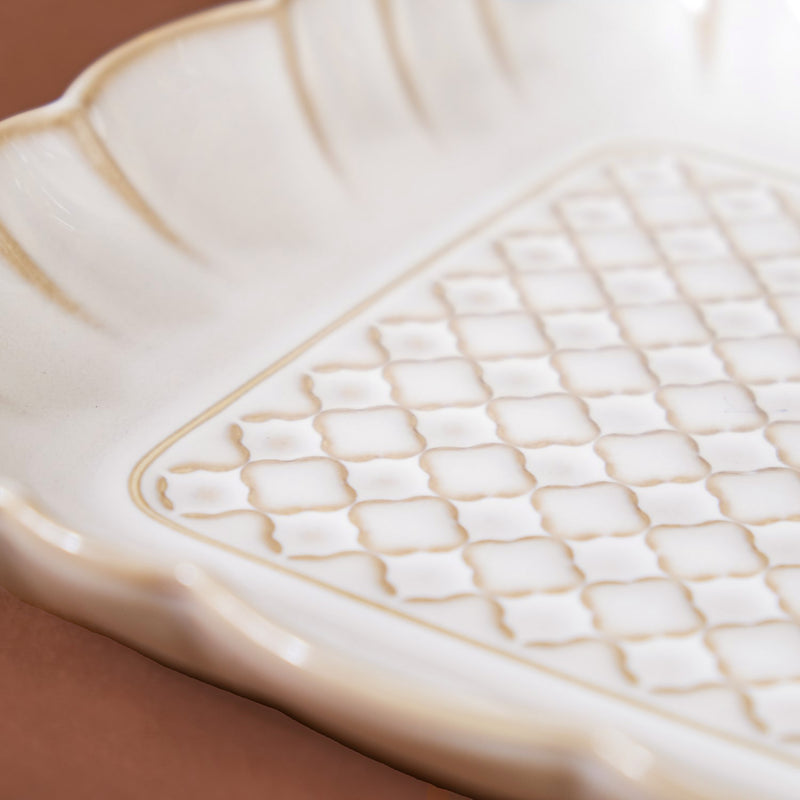 Scalloped Rimmed Square Platter Set Of 2 Ivory 8 Inch - Rimmed platter, square platter, ceramic platter set, ceramic platter, ceramic serving platter