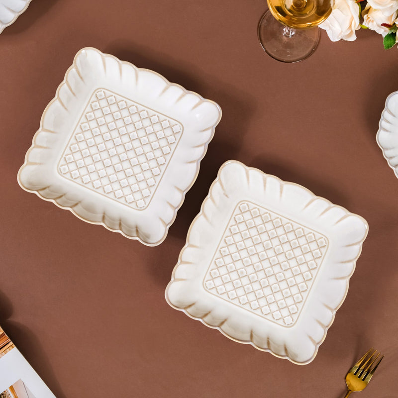 Scalloped Rimmed Square Platter Set Of 2 Ivory 8 Inch - Rimmed platter, square platter, ceramic platter set, ceramic platter, ceramic serving platter