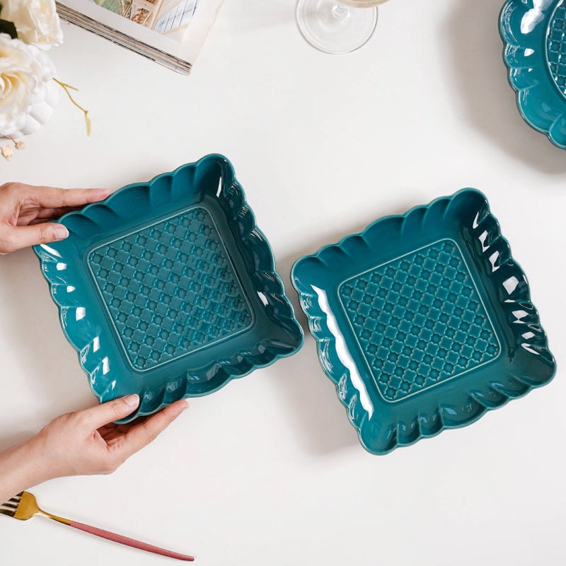 Moroccan Motif Square Platter Dark Green Set Of 2 8 Inch - Square platter, ceramic platter set, ceramic platter, ceramic serving platter