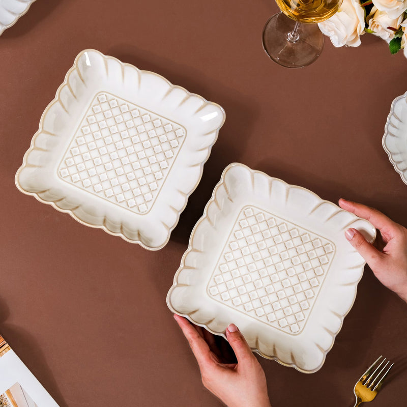 Scalloped Rimmed Square Platter Set Of 2 Ivory 8 Inch - Rimmed platter, square platter, ceramic platter set, ceramic platter, ceramic serving platter
