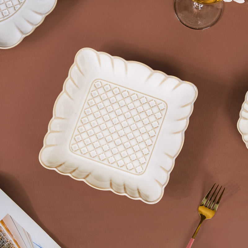 Scalloped Rimmed Square Platter Set Of 2 Ivory 8 Inch - Rimmed platter, square platter, ceramic platter set, ceramic platter, ceramic serving platter