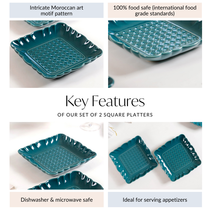 Moroccan Motif Square Platter Dark Green Set Of 2 8 Inch - Square platter, ceramic platter set, ceramic platter, ceramic serving platter