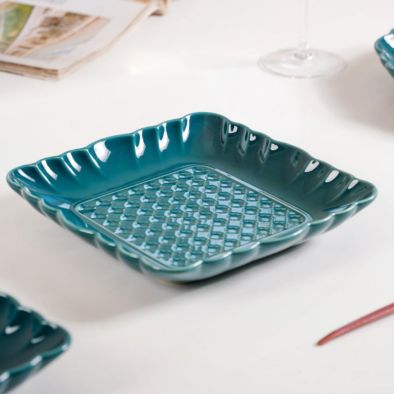 Moroccan Motif Square Platter Dark Green Set Of 2 8 Inch - Square platter, ceramic platter set, ceramic platter, ceramic serving platter