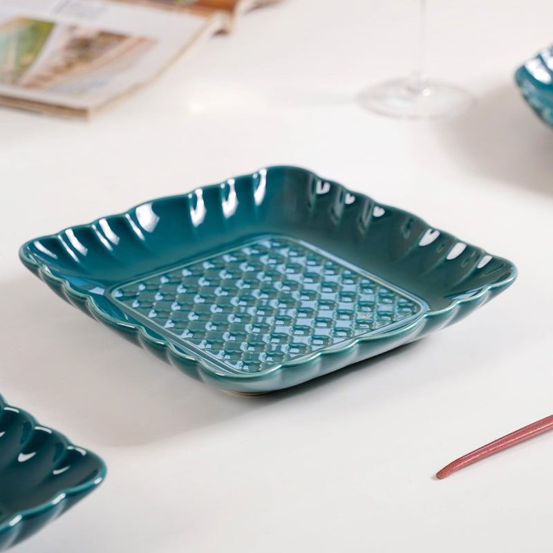 Moroccan Motif Square Platter Dark Green Set Of 2 8 Inch - Square platter, ceramic platter set, ceramic platter, ceramic serving platter