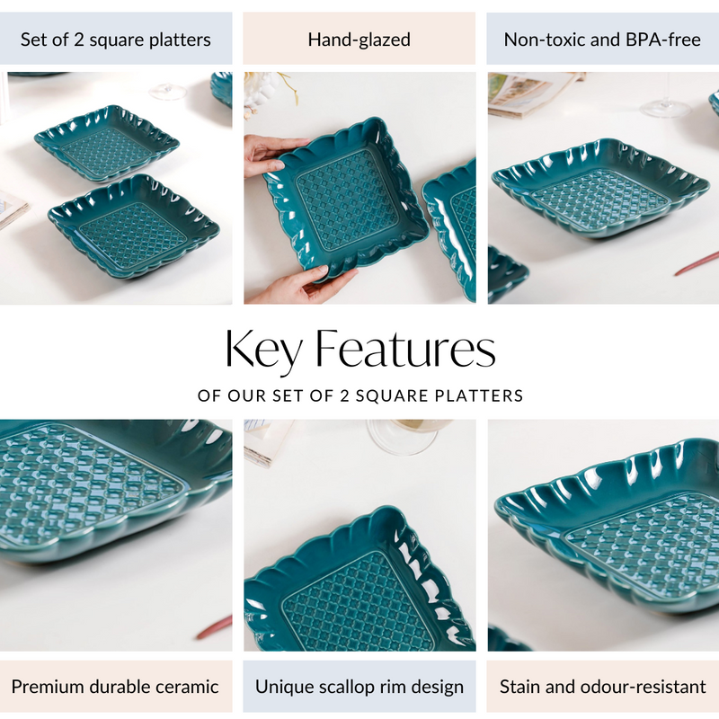 Moroccan Motif Square Platter Dark Green Set Of 2 8 Inch - Square platter, ceramic platter set, ceramic platter, ceramic serving platter