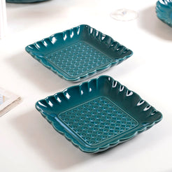 Moroccan Motif Square Platter Dark Green Set Of 2 8 Inch - Square platter, ceramic platter set, ceramic platter, ceramic serving platter