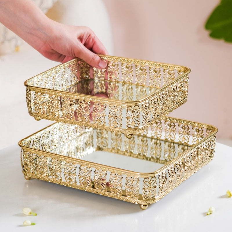 Square Decorative Tray With Glass Mirror Large
