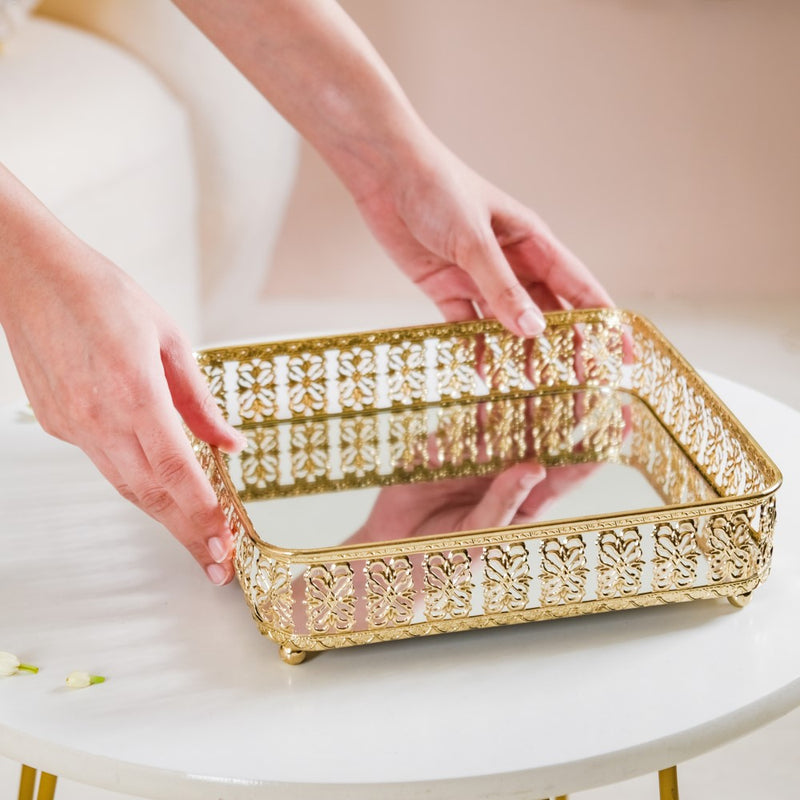 Square Decorative Tray With Glass Mirror Large