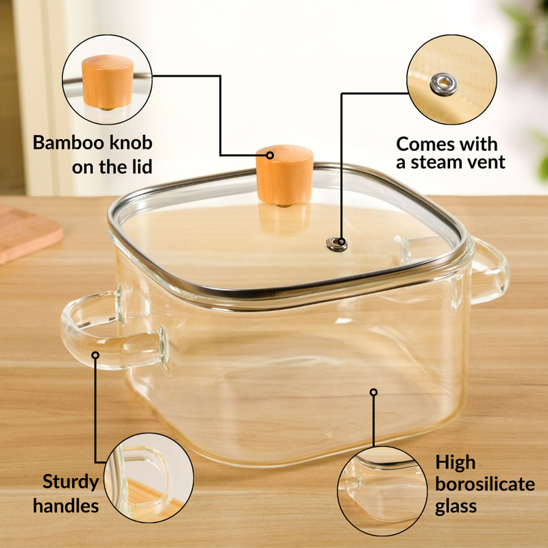 Square Borosilicate Cooking Pot 2200ml