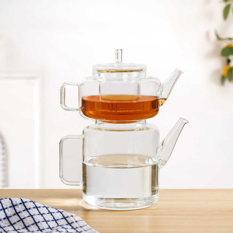 Stackable Flame Safe Glass Tea Pot With Infuser And Kettle Set Of 2