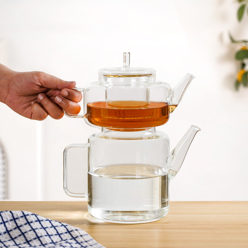 Stackable Flame Safe Glass Tea Pot With Infuser And Kettle Set Of 2