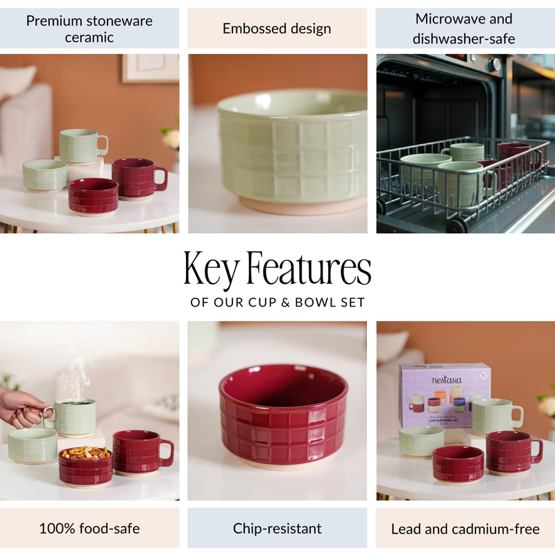 Stackable Ceramic Cup And Bowl Set Of 4 In Maroon And Mint