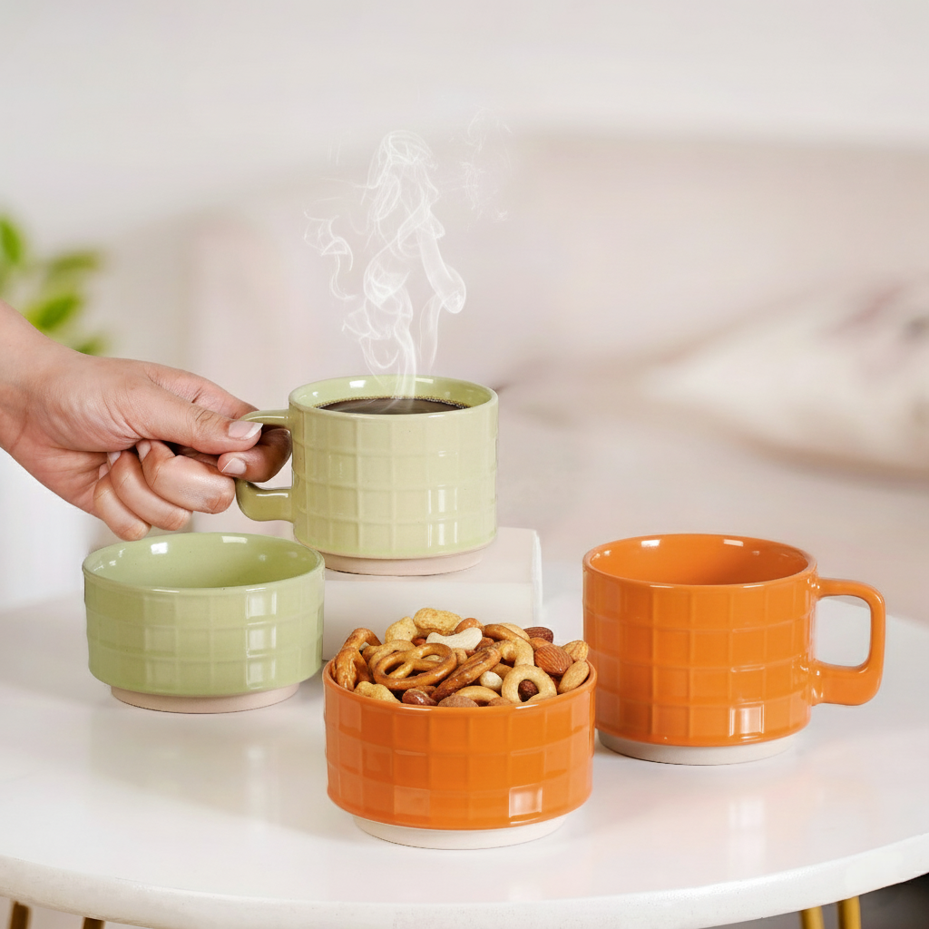 Embossed Stackable 2 Cup 2 Bowl Set Pop Orange Sage Green Online 