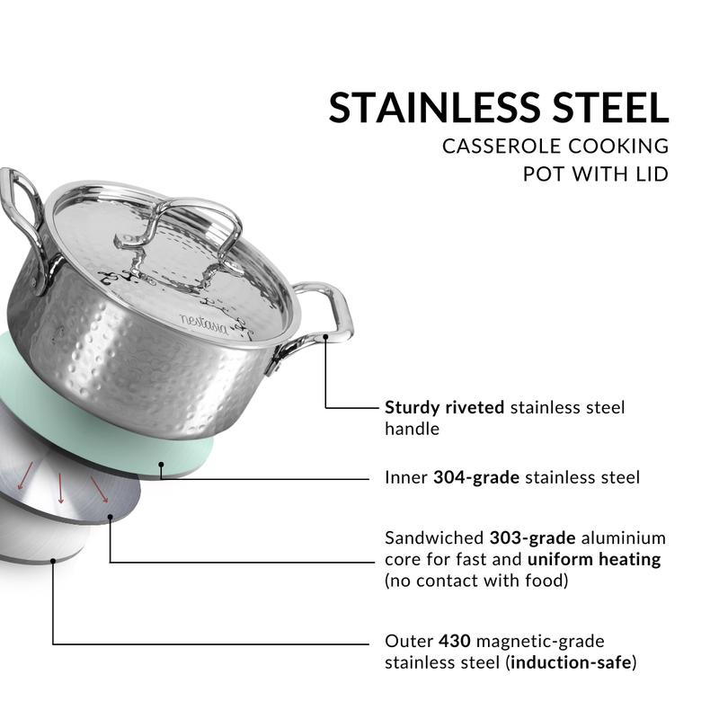 Stainless Steel Casserole Cooking Pot Tri-Ply With Lid 3000ml