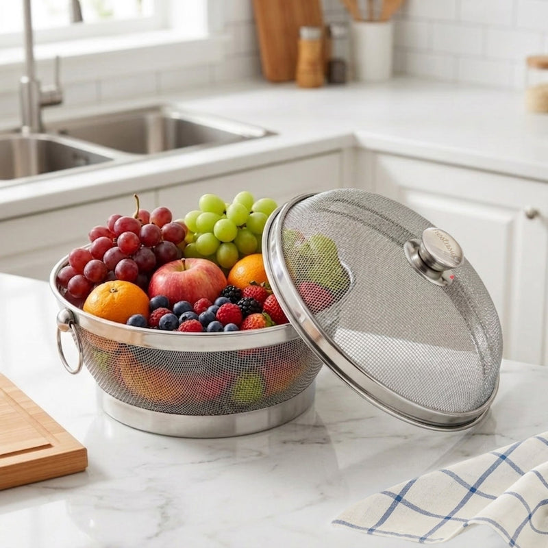 Stainless Steel Colander Mesh Fruit Basket With Lid