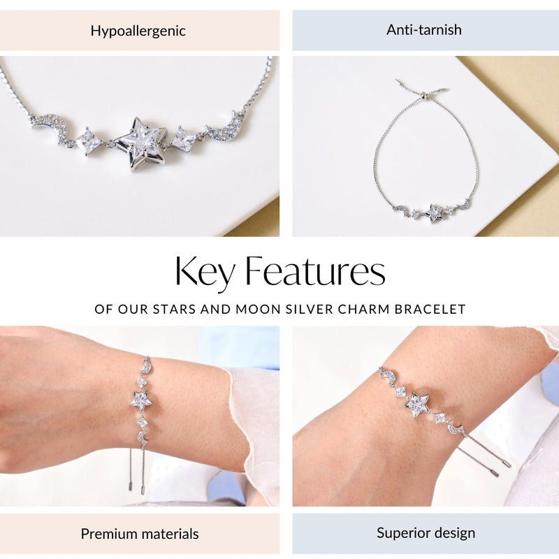 Stars And Moon Silver Charm Bracelet