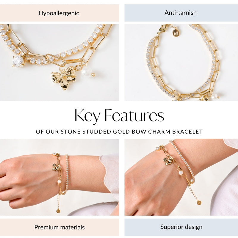 Stone Studded Gold Bow Charm Bracelet