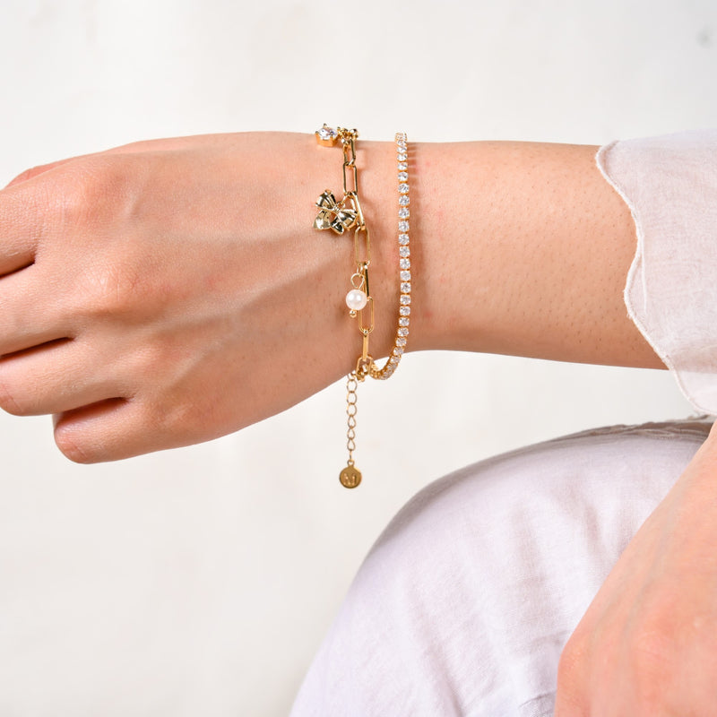 Stone Studded Gold Bow Charm Bracelet