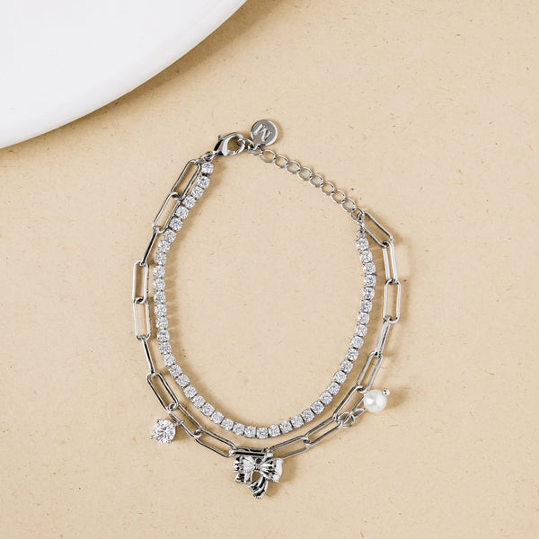 Stone Studded Silver Bow Charm Bracelet