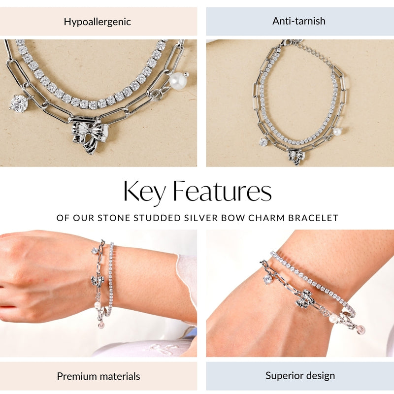 Stone Studded Silver Bow Charm Bracelet