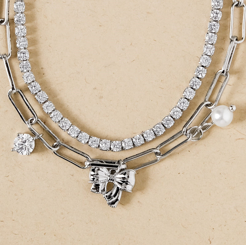 Stone Studded Silver Bow Charm Bracelet