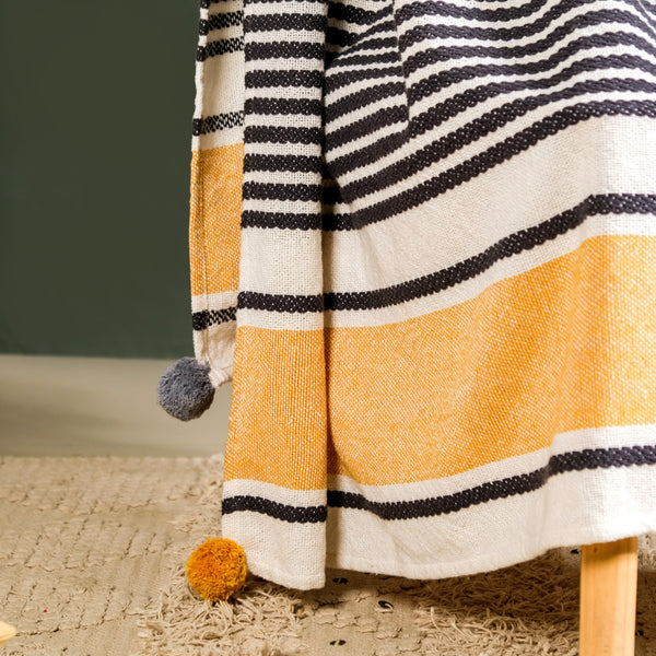 Stripe Story Minimalist Pure Cotton Throw With Boho Balls