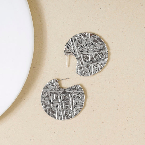 Silver Abstract Textured Round Statement Earrings