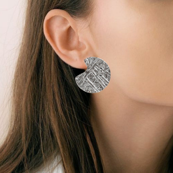 Silver Abstract Textured Round Statement Earrings